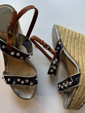 Christian Dior Floral Embellished Espadrille Wedge Sandals Size 39